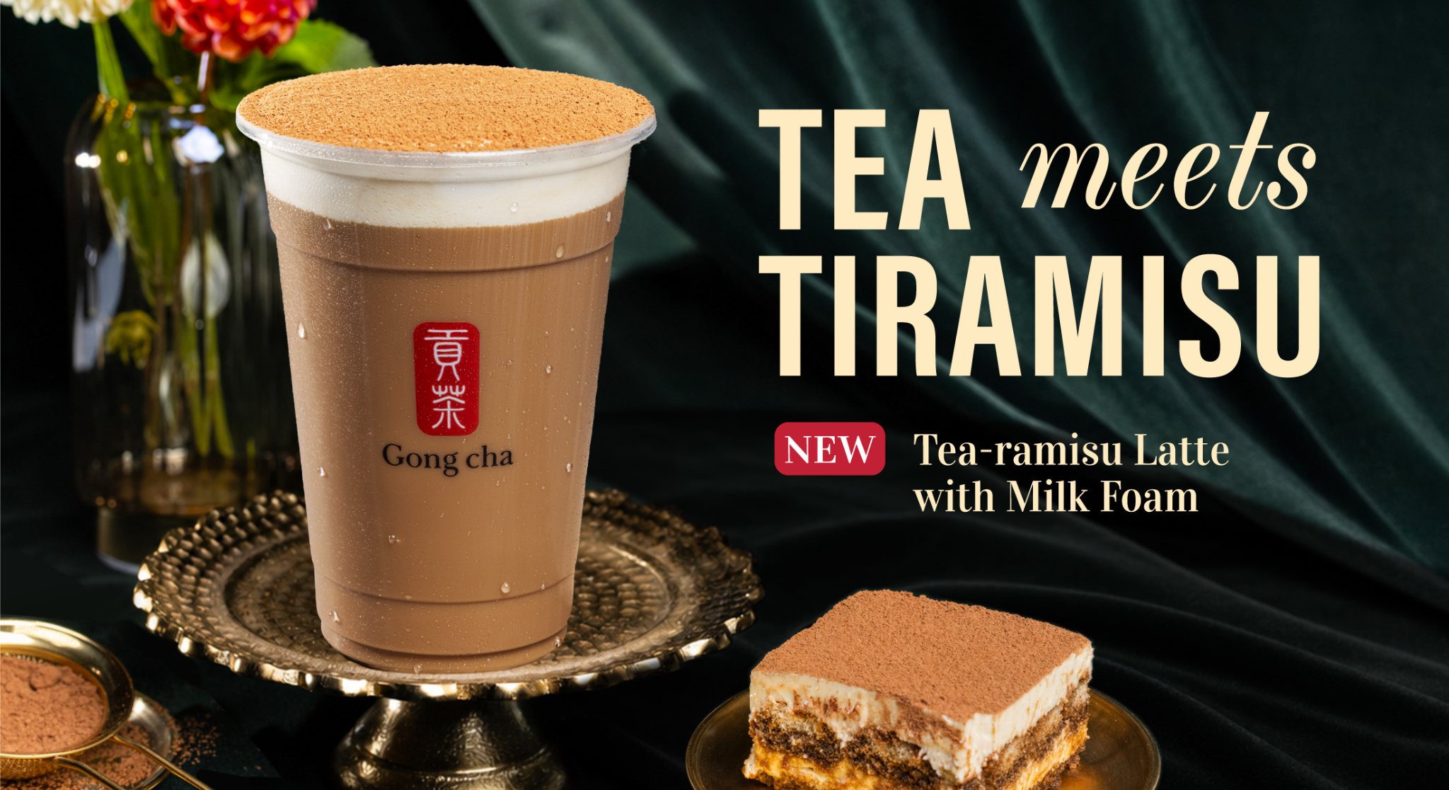 Tea meets tiramisu: the new Tea-ramisu Latte with Milk Foam beside a slice of tiramisu