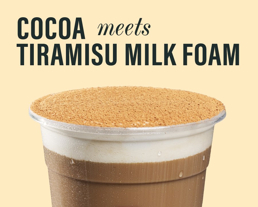 Cocoa meets tiramisu milk foam: the cocoa-dusted foam on top of the Tea-ramisu Latte